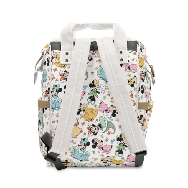 Back view of the white Princess Minnie diaper bag, personalized with the baby's name.