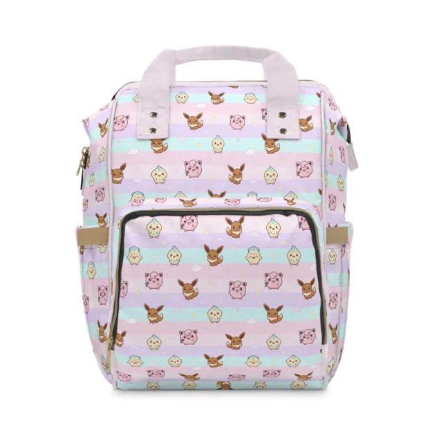 Pink striped Pokemon diaper bag with Eevee and Jigglypuff pastel artwork.