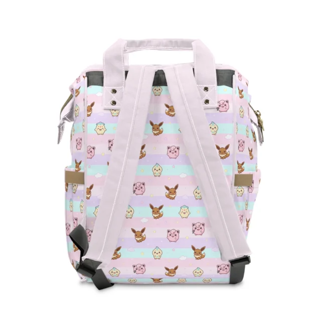 Back view of the pink Eevee and Jigglypuff striped diaper bag.