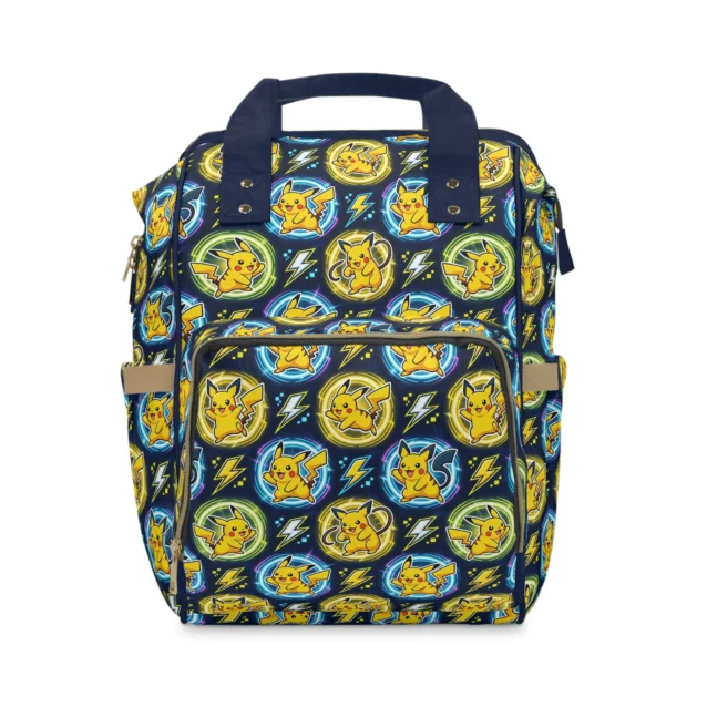 Navy Pokemon diaper bag with Pikachu electric badges and lightning bolts.