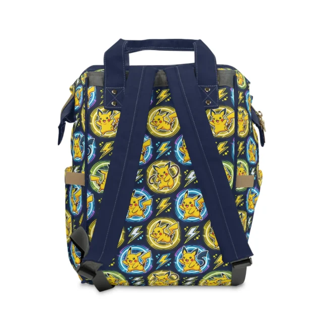 Back view of the navy electric Pikachu diaper bag.