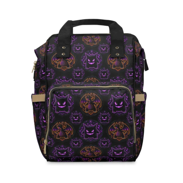 Purple Gengar diaper bag backpack with glowing Gengar faces on a dark background.