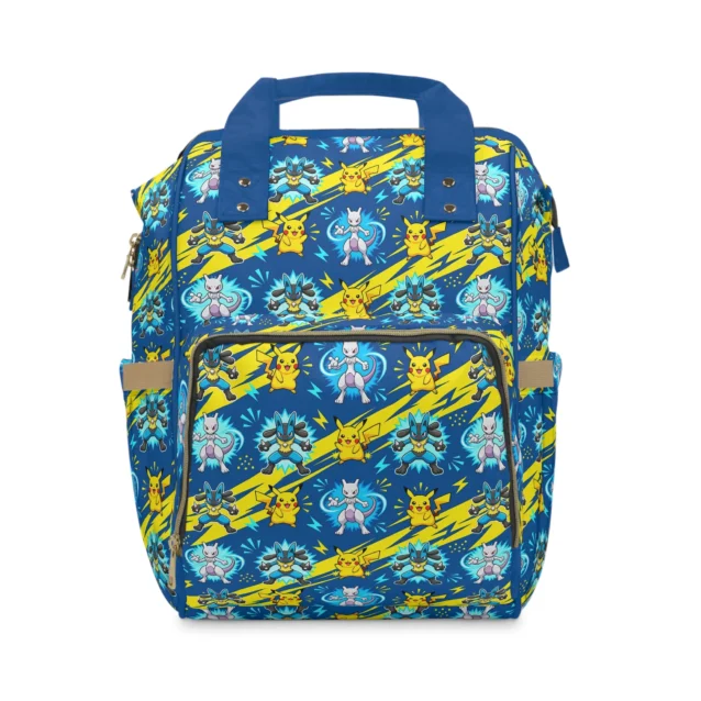 Blue Pokemon diaper bag with Pikachu, Mewtwo and Lucario on yellow lightning bolts.