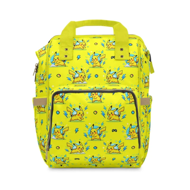Yellow Pikachu diaper bag backpack covered in Pikachu poses and electric sparks.
