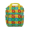 Pokemon diaper bag backpack with a comic-panel grid of Pikachu, Charmander, Squirtle and Bulbasaur, the baby's name printed on the pocket.