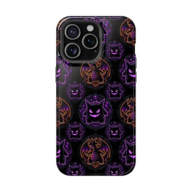 Neon Gengar and Charizard Pokemon phone case on black for iPhone, Samsung and Google Pixel.
