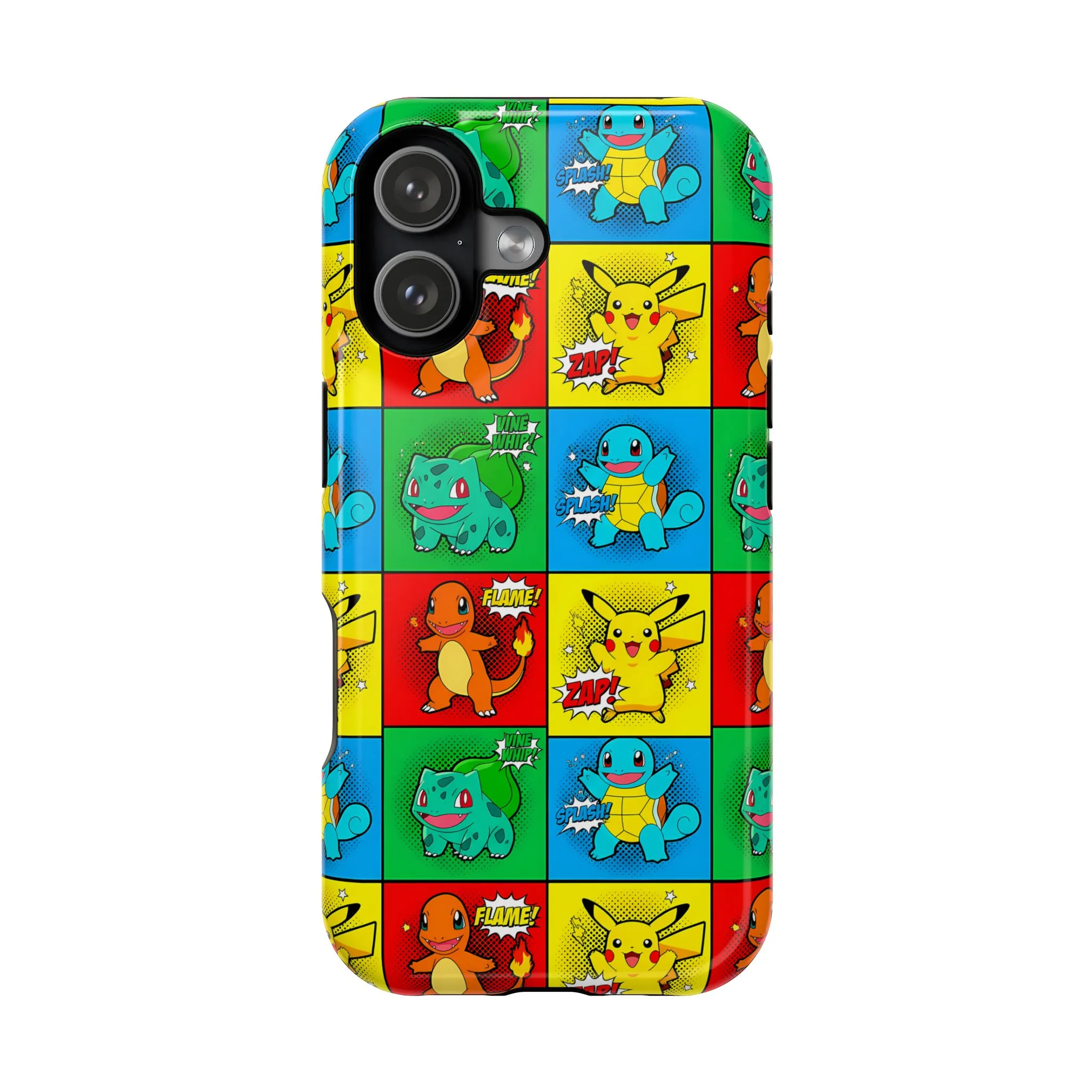 Pokemon phone case with a comic grid of Kanto starters — Pikachu, Charmander, Squirtle and Bulbasaur — for iPhone.