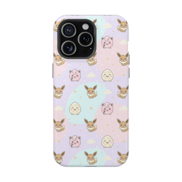 Kawaii pastel Pokemon phone case with Eevee and Jigglypuff for iPhone, Samsung and Google Pixel.