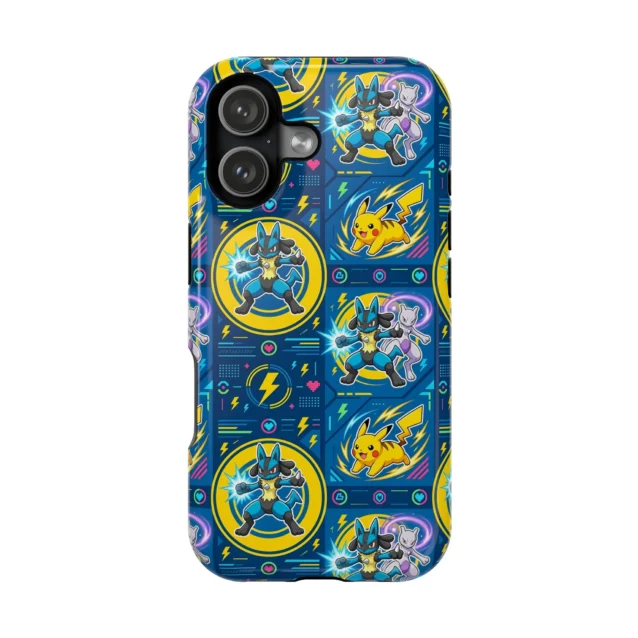 Lucario, Mewtwo and Pikachu battle Pokemon phone case for iPhone, Samsung and Google Pixel.