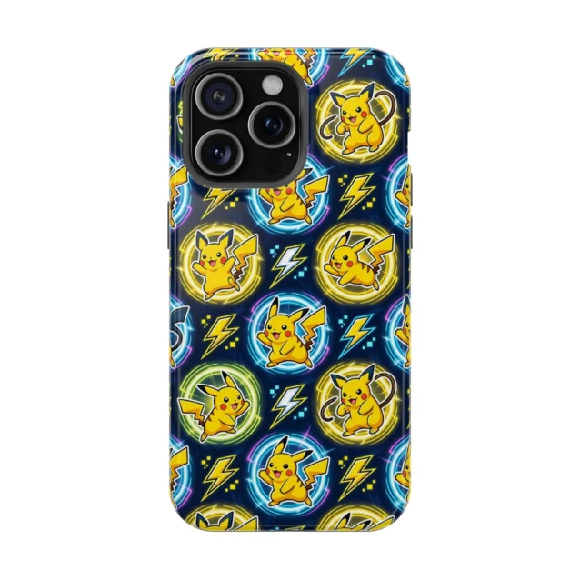 Neon Pikachu Pokemon phone case with glowing circles and lightning for iPhone, Samsung and Pixel.