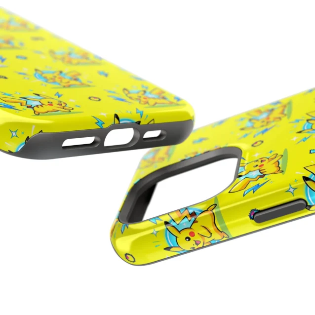 Electric Pikachu Pokemon phone case at an angle, showing the precise port and button cutouts.