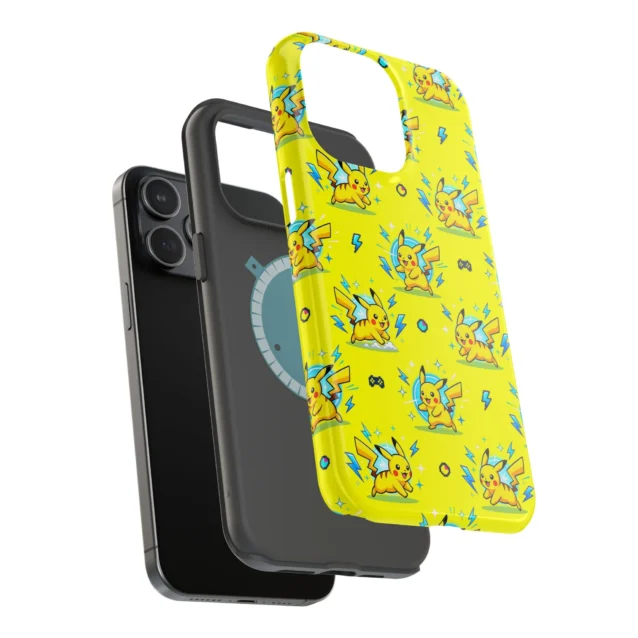 Electric Pikachu Pokemon MagSafe phone case showing the embedded magnet ring on the back.