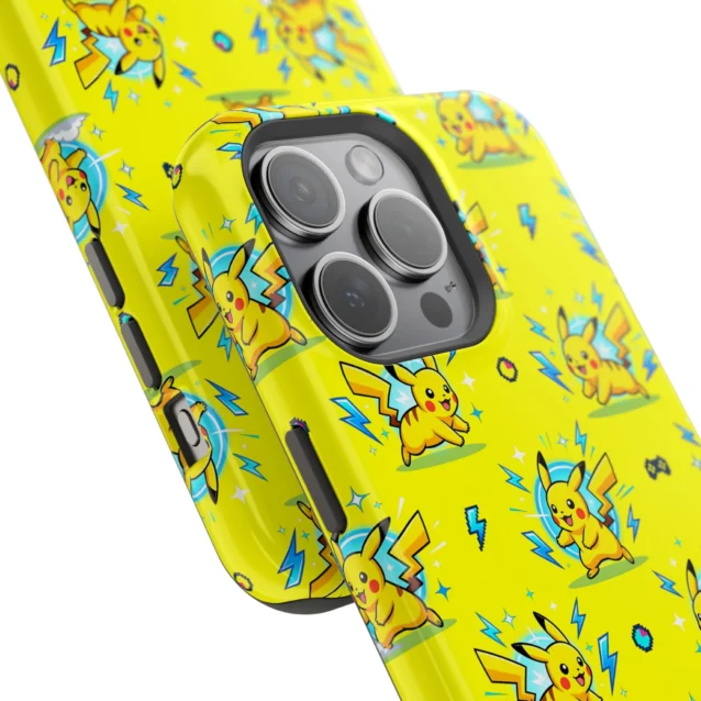Close-up of the durable Pikachu Pokemon tough case showing the camera cutout and vivid print.