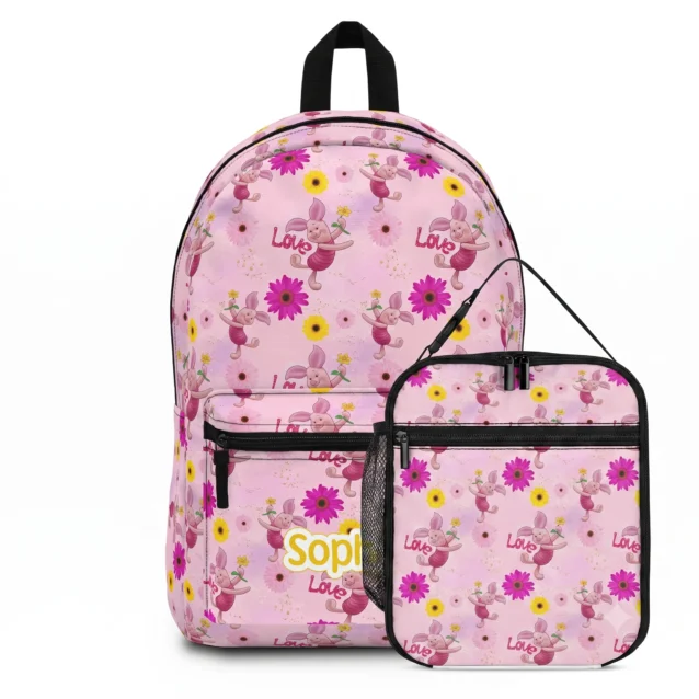 Pink floral Pooh and Piglet backpack together with the matching lunch bag.