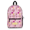 Pink floral Winnie the Pooh backpack with Pooh and Piglet among flowers and a personalized name.