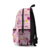 Pooh and Piglet pink floral backpack from the side, blossoms scattered across the fabric.