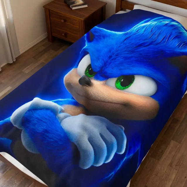 Sonic Blanket in the Movie Portrait Sonic design, on a kids bed
