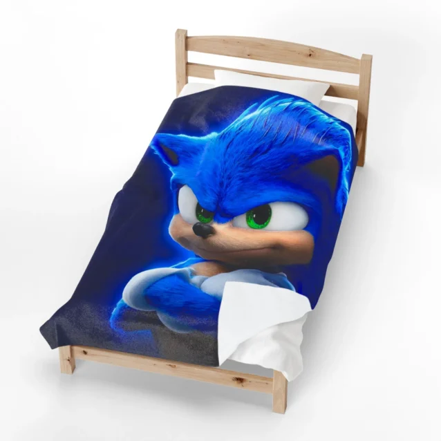 Sonic Blanket in the Movie Portrait Sonic design, made up in a bedroom
