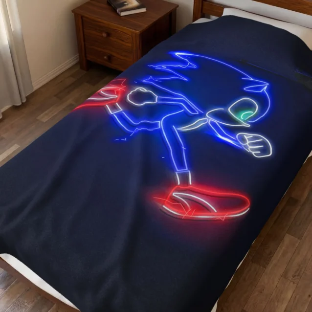 Sonic Blanket in the Neon Outline Sonic design, on a kids bed