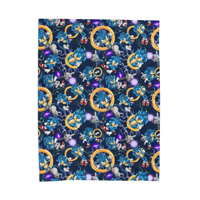 Sonic Blanket in the Gold Rings All-Over design with Sonic and gold rings on navy, shown flat