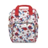 White Spider-Man diaper bag with red and blue Spidey poses on spider webs and red handles, the baby's name printed on the pocket.