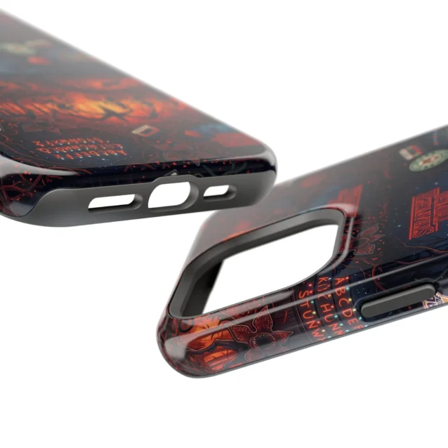 Stranger Things collage phone case at an angle, showing the precise port and button cutouts.