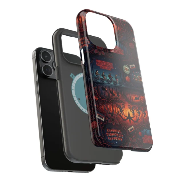 Stranger Things Hawkins-collage MagSafe phone case showing the embedded magnet ring on the back.