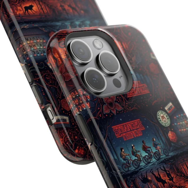 Close-up of the durable Stranger Things collage tough case showing the camera cutout and vivid print.