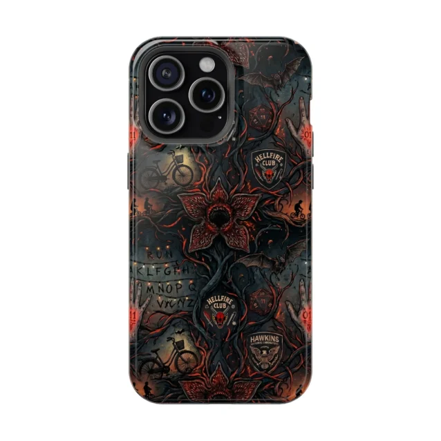 Stranger Things Demogorgon phone case with the monster and Demobats in red for iPhone, Samsung and Pixel.