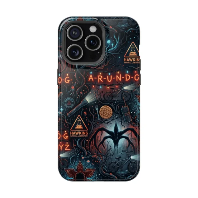 Stranger Things Hawkins Lab phone case with the alphabet wall, Eggo waffle and walkie-talkie for iPhone.