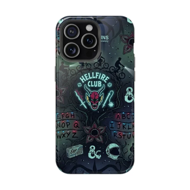 Stranger Things Hellfire Club phone case with the D&D demon logo for iPhone, Samsung and Google Pixel.
