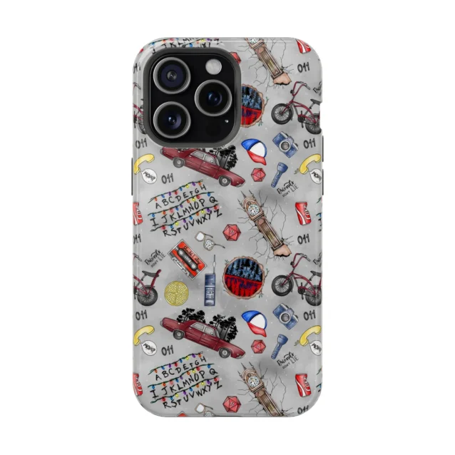 Grey Stranger Things icons phone case with the alphabet wall, car and D&D dice for iPhone and Samsung.