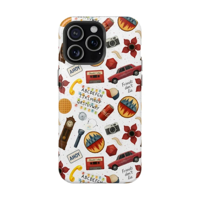 White Stranger Things icons phone case with the Demogorgon, bikes and cassette for iPhone and Samsung.