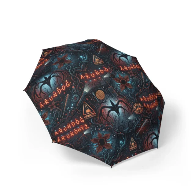 Navy Stranger Things umbrella with the glowing alphabet wall and Demogorgon artwork