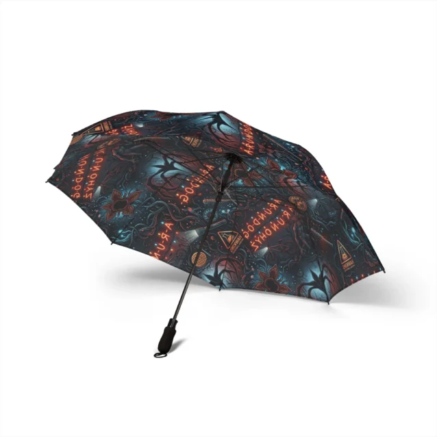 Side view of the navy alphabet-wall Stranger Things umbrella