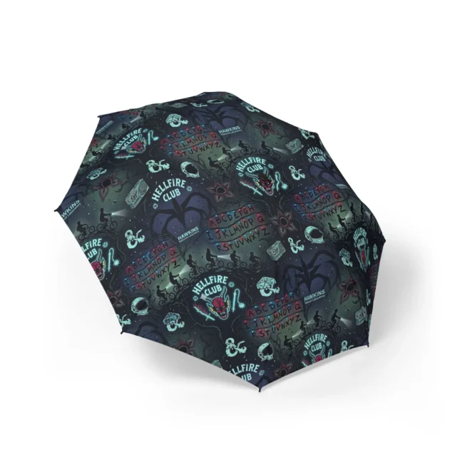 Stranger Things Hellfire Club umbrella in dark teal with Demogorgon and alphabet wall artwork