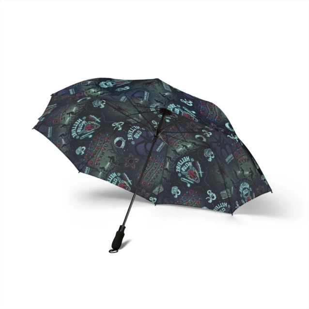Side view of the dark teal Hellfire Club Stranger Things umbrella