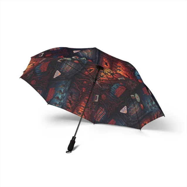 Side view of the red Upside Down forest Stranger Things umbrella