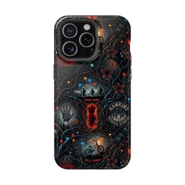 Stranger Things Upside Down phone case with Eleven's hand and the Hawkins gate for iPhone and Samsung.