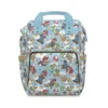 Light blue Super Mario diaper bag backpack with a toss of Mario, Yoshi, Toad and stars, the baby's name printed on the pocket.