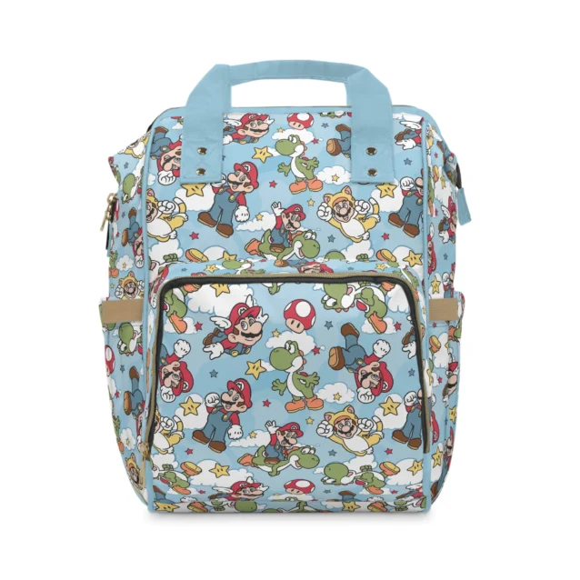 Light blue Super Mario diaper bag backpack with a toss of Mario, Yoshi, Toad and stars, the baby's name printed on the pocket.