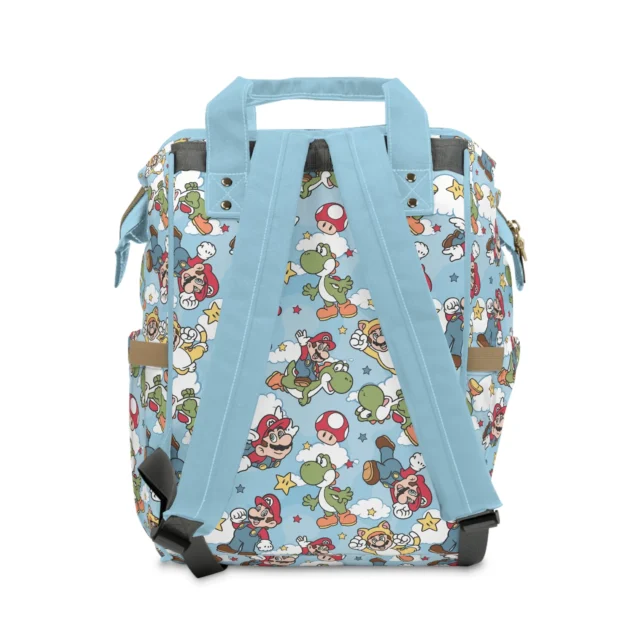 Back view of the light blue Super Mario diaper bag showing the padded straps.