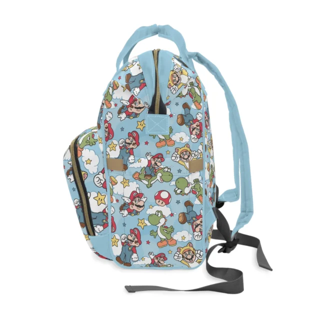 Side view of the light blue Mario diaper bag with the bottle pocket.