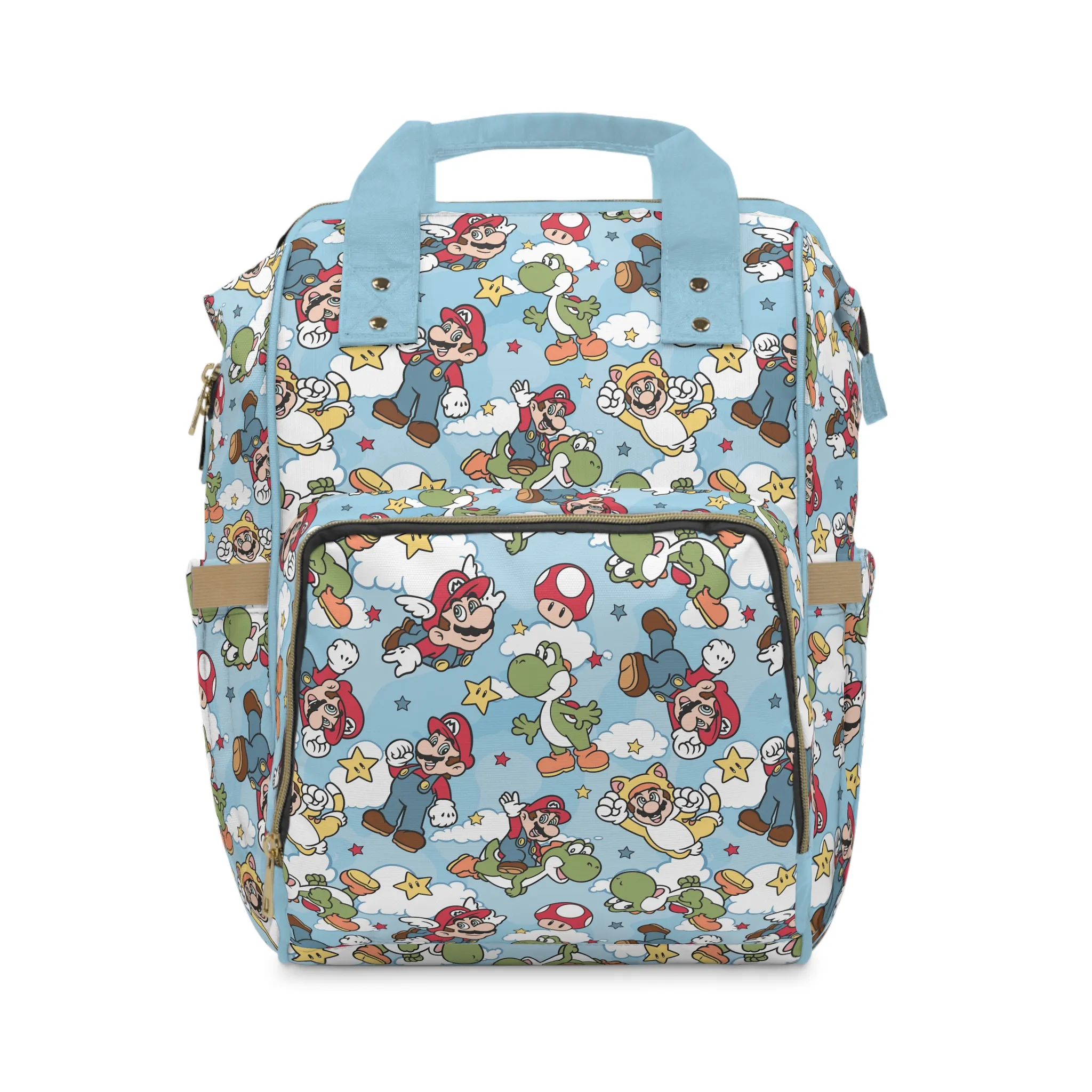 Light blue Super Mario diaper bag backpack with a toss of Mario, Yoshi, Toad and stars, the baby's name printed on the pocket.