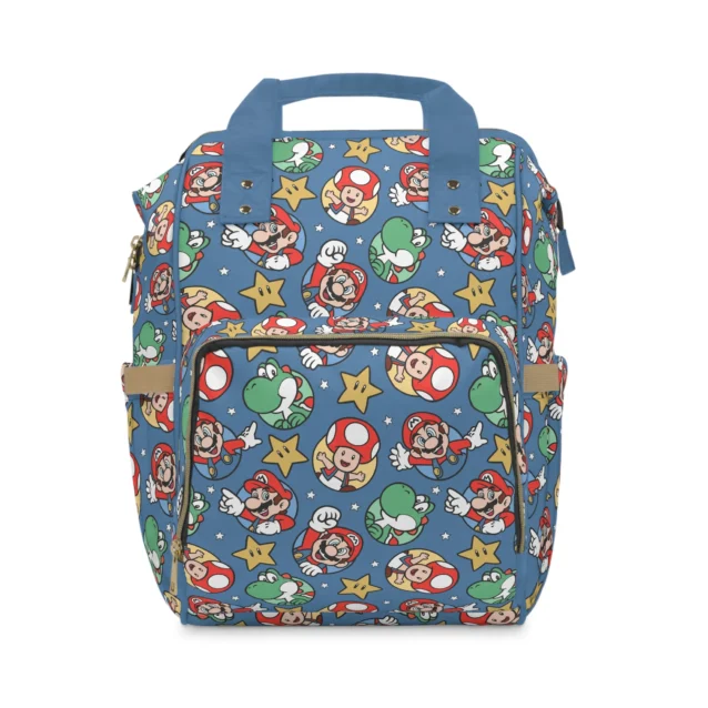 Navy Super Mario diaper bag backpack with Mario, Yoshi, Toad and power-up stars.