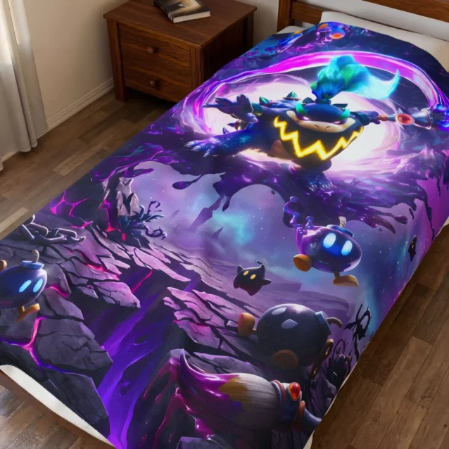 Super Mario Galaxy Blanket in the Bowser Galaxy Battle design, on a kids bed