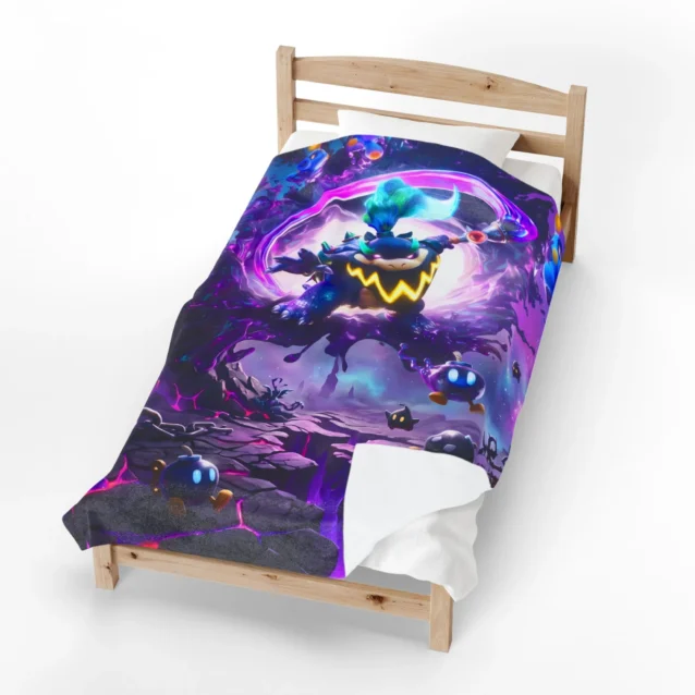 Super Mario Galaxy Blanket in the Bowser Galaxy Battle design, made up in a bedroom
