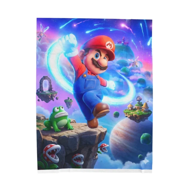 Super Mario Galaxy Blanket in the Cosmic Jump design, shown flat