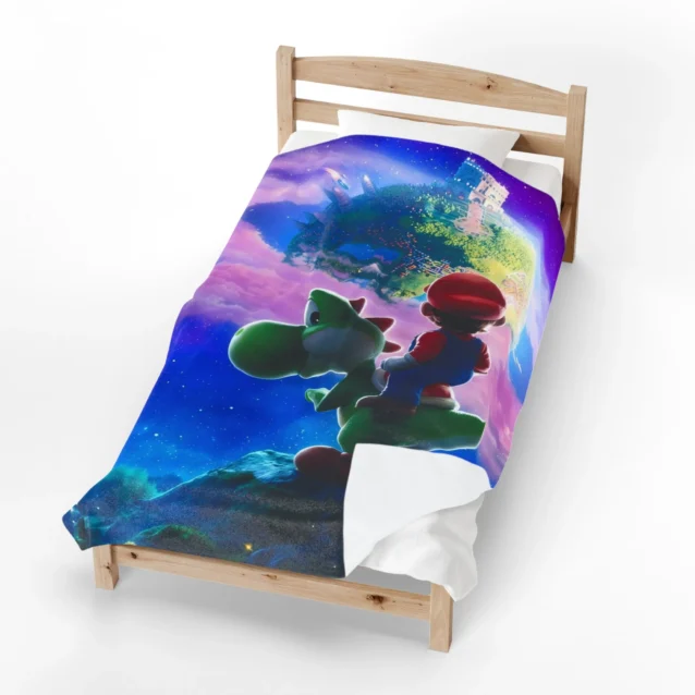 Super Mario Galaxy Blanket in the Galaxy Horizon design, made up in a bedroom