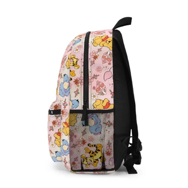 Tigger and friends pastel backpack side angle with the character print wrapping the pocket.